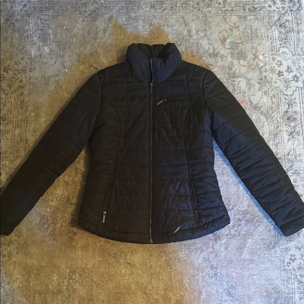 Black Puffer Jacket with Stand-Up Collar and Quilted Design